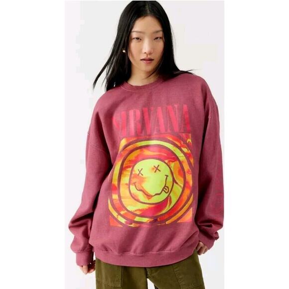 Nirvana Women's L/S Smile Overdyed Fleece Crewneck Sweatshirt Maroon, L/XL - Picture 1 of 15